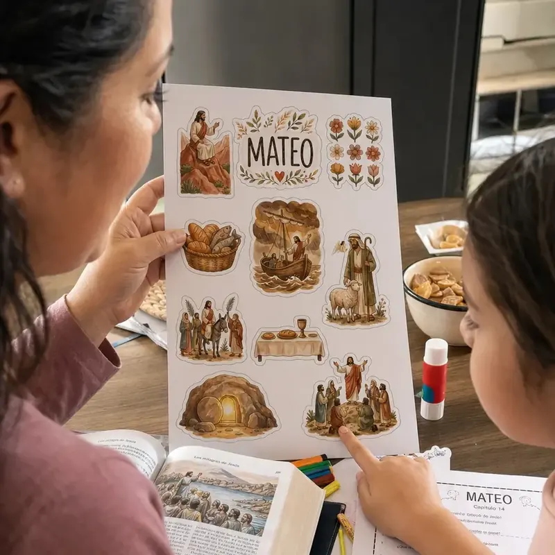 IMAGEN: perfil 2 de 3 — mamá e hijo en la mesa, el chico recortando el sticker del libro que leyeron