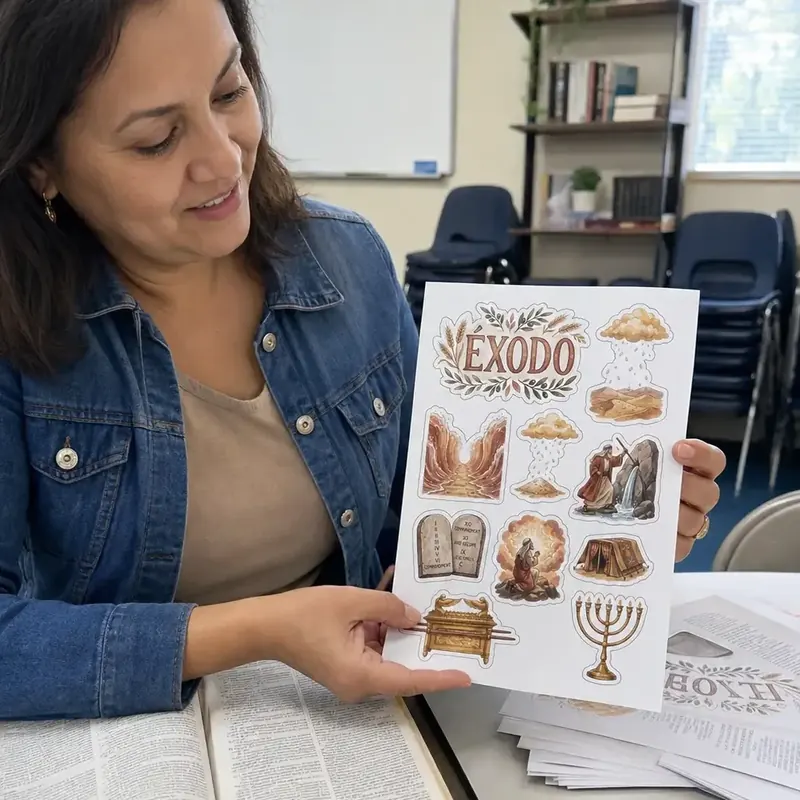 IMAGEN: perfil 3 de 3 — chicos de Escuela Dominical pegando los stickers del libro de la clase