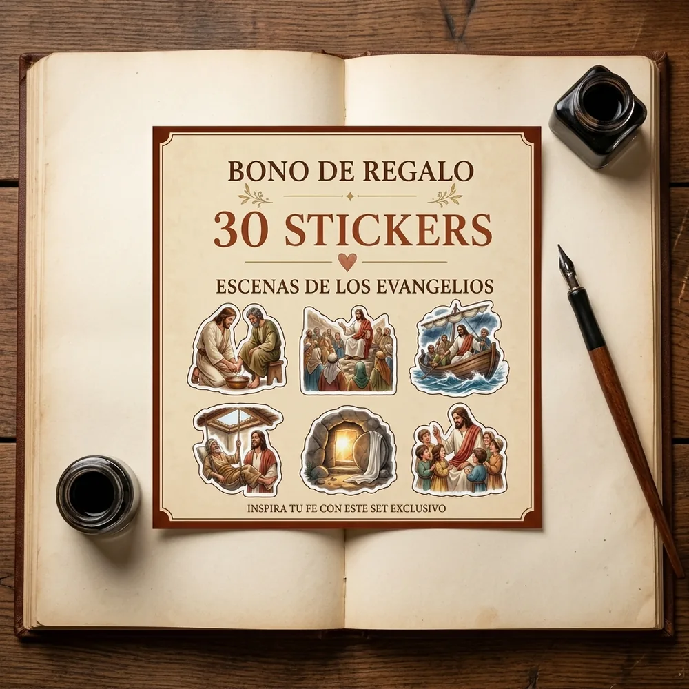 IMAGEN: mockup 1 de 6 — la hoja de 30 stickers con escenas de los Evangelios