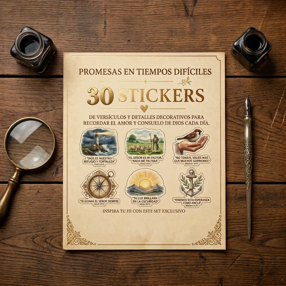 IMAGEN: mockup 2 de 6 — la hoja de 30 stickers de Promesas en Tiempos Difíciles