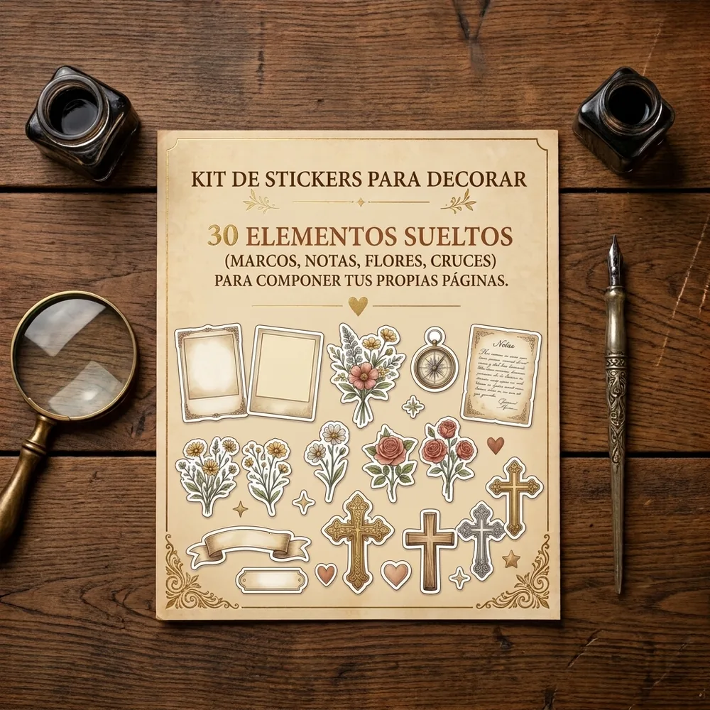 IMAGEN: mockup 3 de 6 — el Kit de Stickers para Decorar: 30 elementos sueltos (marcos, notas, flores, cruces)