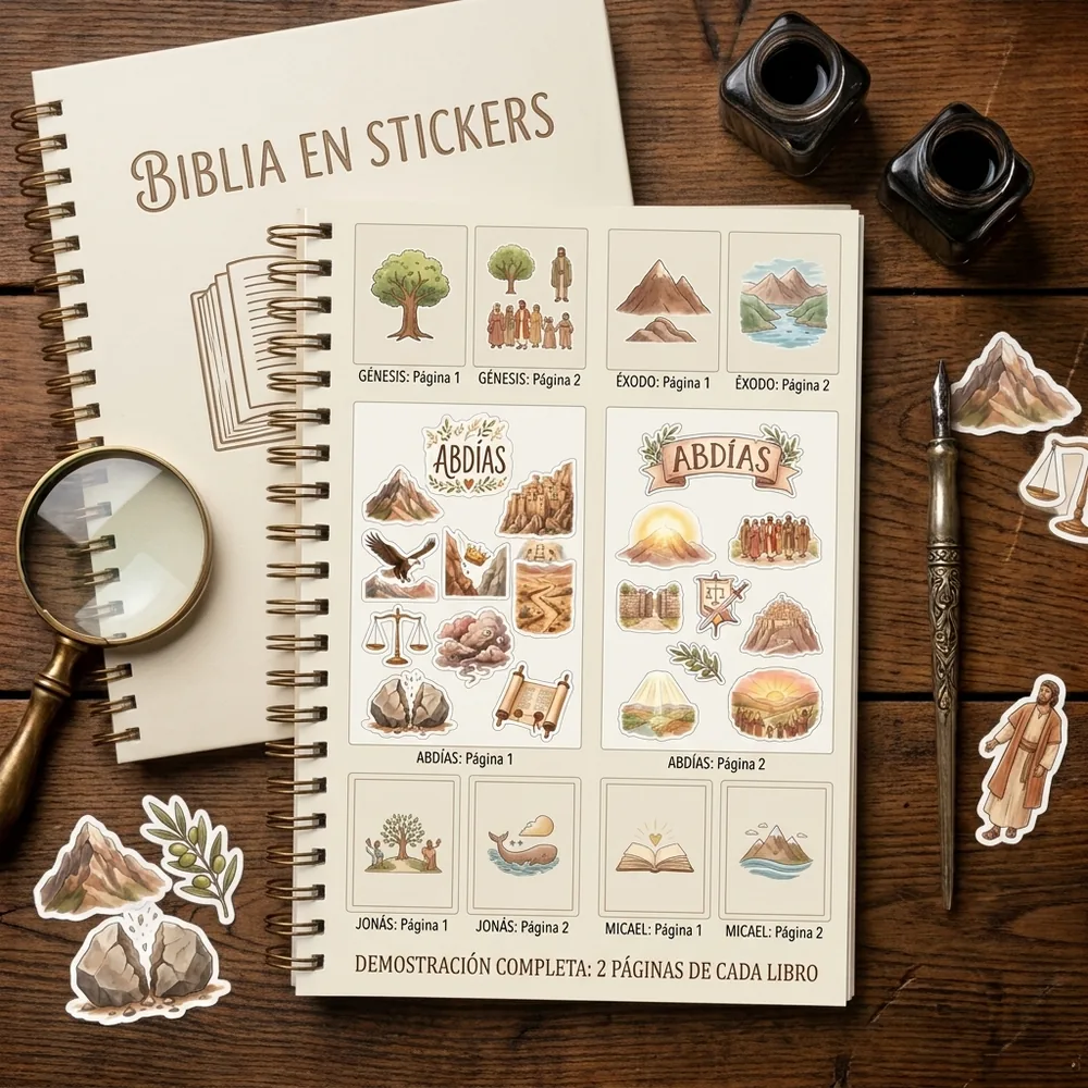 IMAGEN: mockup 5 de 6 — dos páginas de stickers de un mismo libro, enteras